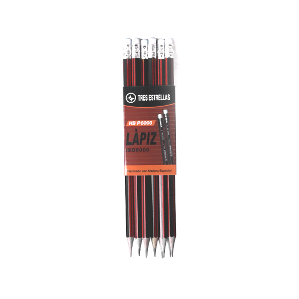 Lápiz color negro mina de grafito con borrador - Tres Estrellas
